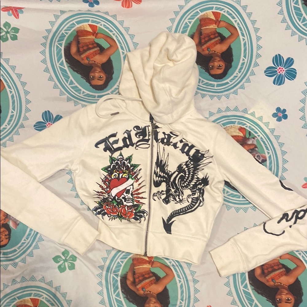 Ed Hardy Cream Zip-Up Hoodie with Graphic Art